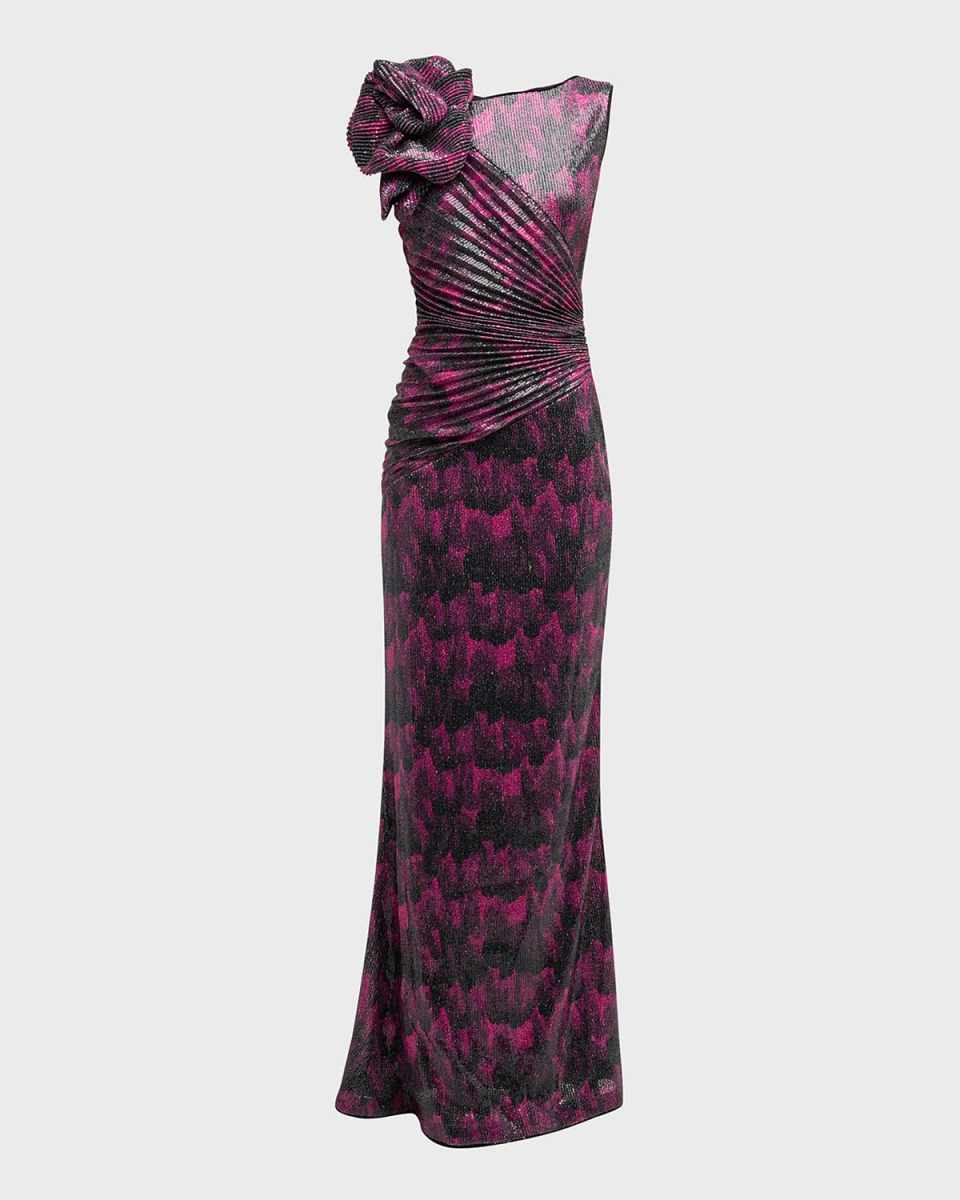 Pleated Abstract-Print Sequin Gown